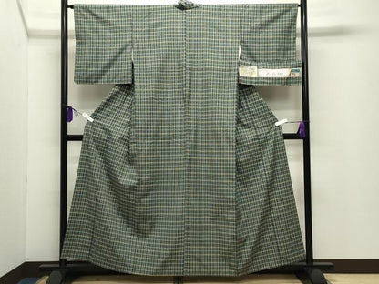 平和屋着物●三代目市三郎　七彩紬　繭の思い出　格子柄　反端付き　正絹　逸品　CABD9115gh