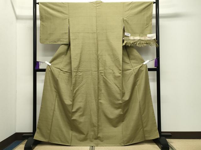 平和屋着物●山崎青樹作　草木染研究所　紬　草木染　老竹色　反端付き　正絹　逸品　未使用　CABD9117gh 平和屋着物○山崎青樹作 草木染研究所 紬 草木染 老竹色 反端付き 正絹