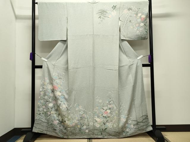 平和屋着物●訪問着　友禅　尾長鳥花文　正絹　逸品　CABD9147gh