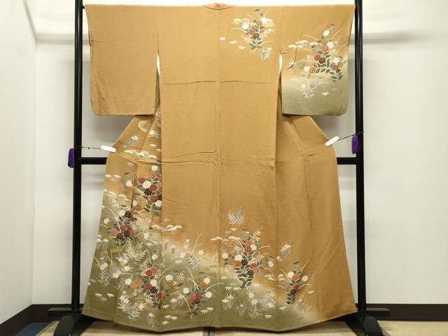 平和屋着物●訪問着　駒刺繍　流水草花文　暈し染め　金彩　鬼しぼ縮緬　正絹　逸品　CABD9148gh