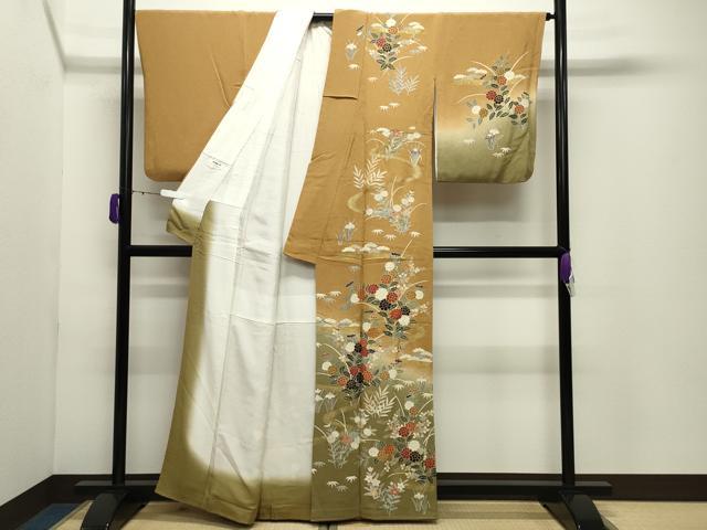 平和屋着物●訪問着　駒刺繍　流水草花文　暈し染め　金彩　鬼しぼ縮緬　正絹　逸品　CABD9148gh