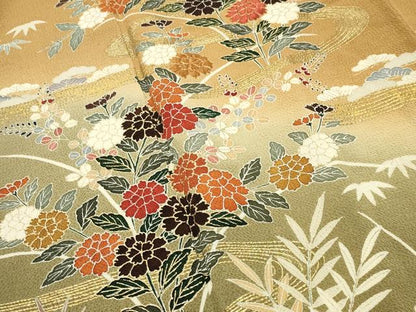 平和屋着物●訪問着　駒刺繍　流水草花文　暈し染め　金彩　鬼しぼ縮緬　正絹　逸品　CABD9148gh