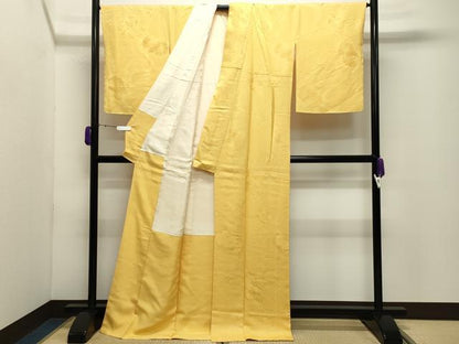 平和屋着物●上質な色無地　鏡裏花地紋　支子色　ロング丈　正絹　逸品　未使用　CABD9158gh