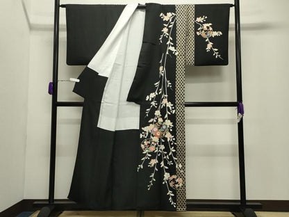 平和屋着物●訪問着　枝垂れ花丸文　黒地　金銀彩　正絹　逸品　CABD9159gh