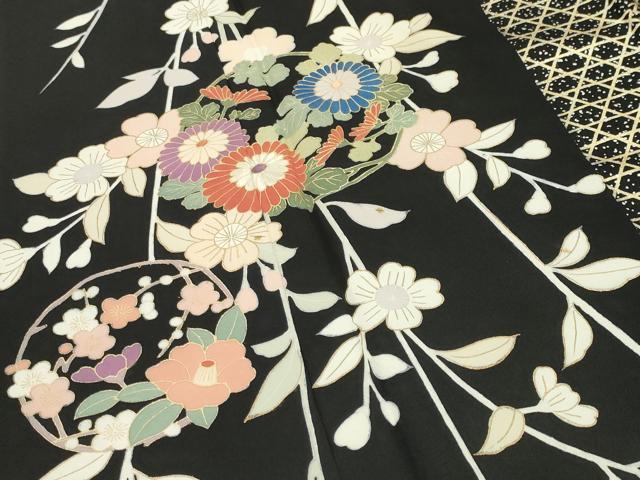 平和屋着物●訪問着　枝垂れ花丸文　黒地　金銀彩　正絹　逸品　CABD9159gh