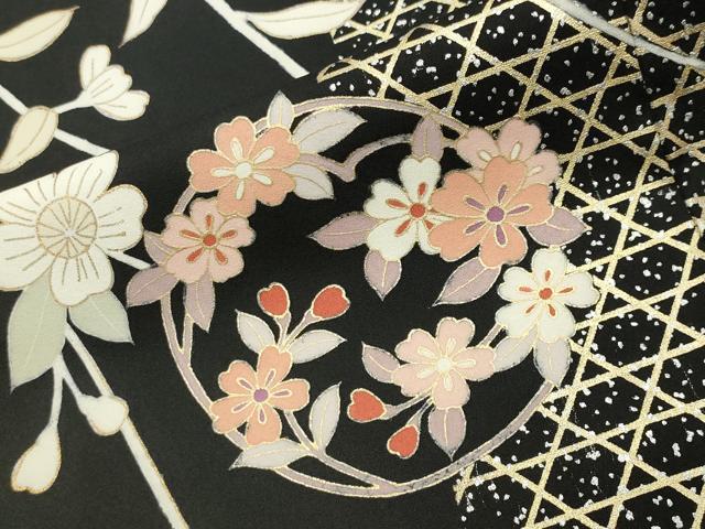 平和屋着物●訪問着　枝垂れ花丸文　黒地　金銀彩　正絹　逸品　CABD9159gh