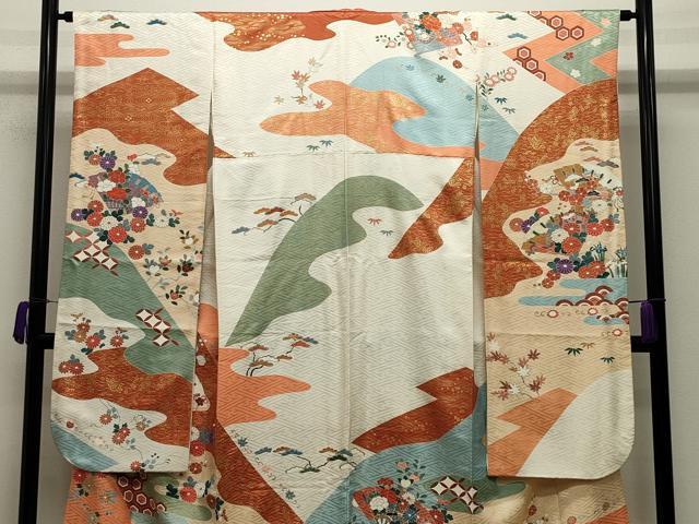 平和屋着物●創業460年・千總　振袖　駒刺繍　御所車檜扇花文　金彩　小田急百貨店扱い　正絹　逸品　CABD9163gh