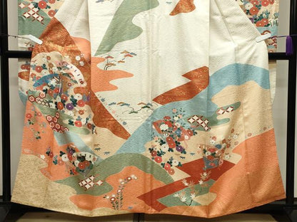 平和屋着物●創業460年・千總　振袖　駒刺繍　御所車檜扇花文　金彩　小田急百貨店扱い　正絹　逸品　CABD9163gh