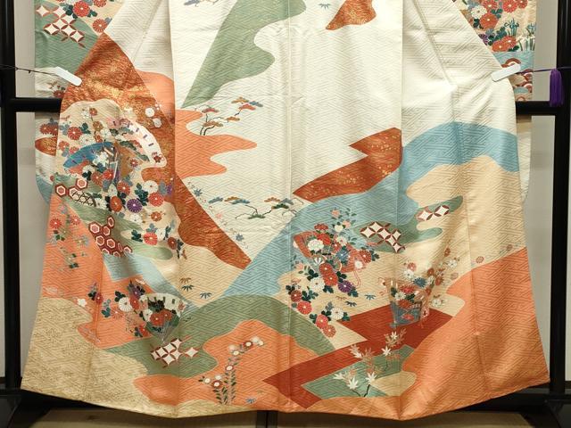平和屋着物●創業460年・千總　振袖　駒刺繍　御所車檜扇花文　金彩　小田急百貨店扱い　正絹　逸品　CABD9163gh