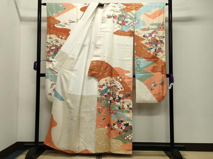 平和屋着物●創業460年・千總　振袖　駒刺繍　御所車檜扇花文　金彩　小田急百貨店扱い　正絹　逸品　CABD9163gh