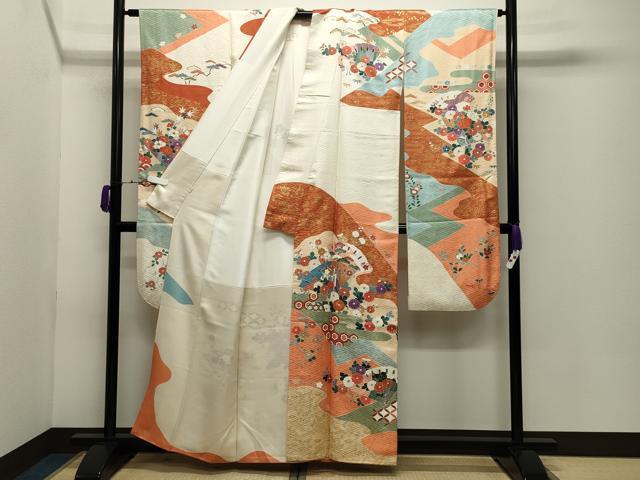 平和屋着物●創業460年・千總　振袖　駒刺繍　御所車檜扇花文　金彩　小田急百貨店扱い　正絹　逸品　CABD9163gh