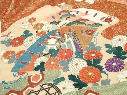 平和屋着物●創業460年・千總　振袖　駒刺繍　御所車檜扇花文　金彩　小田急百貨店扱い　正絹　逸品　CABD9163gh