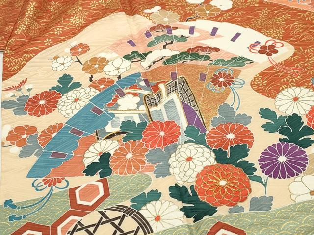 平和屋着物●創業460年・千總　振袖　駒刺繍　御所車檜扇花文　金彩　小田急百貨店扱い　正絹　逸品　CABD9163gh