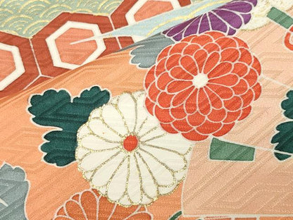 平和屋着物●創業460年・千總　振袖　駒刺繍　御所車檜扇花文　金彩　小田急百貨店扱い　正絹　逸品　CABD9163gh