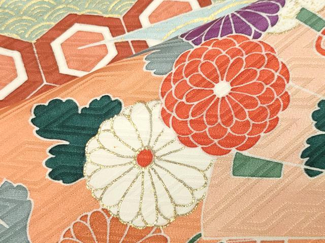平和屋着物●創業460年・千總　振袖　駒刺繍　御所車檜扇花文　金彩　小田急百貨店扱い　正絹　逸品　CABD9163gh