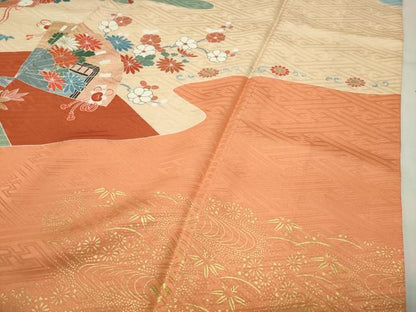 平和屋着物●創業460年・千總　振袖　駒刺繍　御所車檜扇花文　金彩　小田急百貨店扱い　正絹　逸品　CABD9163gh