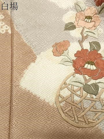 平和屋着物●中国三大刺繍　相良刺繍　訪問着　絞り　地紙枝椿花文　金糸　正絹　逸品　CABD9164gh