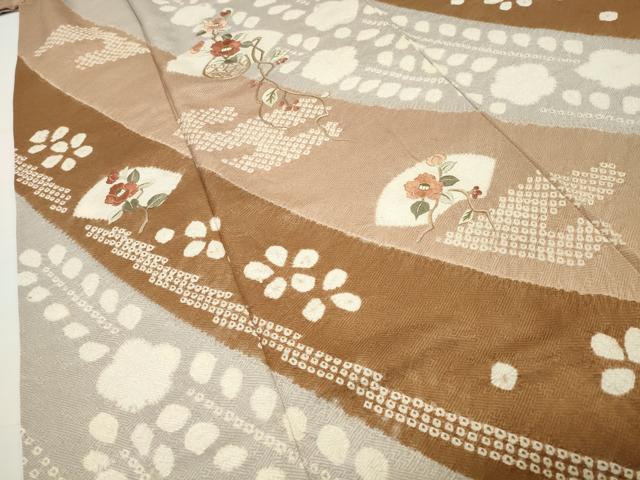 平和屋着物●中国三大刺繍　相良刺繍　訪問着　絞り　地紙枝椿花文　金糸　正絹　逸品　CABD9164gh