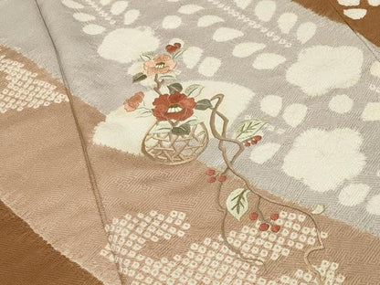 平和屋着物●中国三大刺繍　相良刺繍　訪問着　絞り　地紙枝椿花文　金糸　正絹　逸品　CABD9164gh