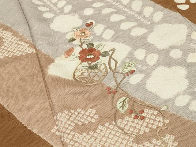 平和屋着物●中国三大刺繍　相良刺繍　訪問着　絞り　地紙枝椿花文　金糸　正絹　逸品　CABD9164gh