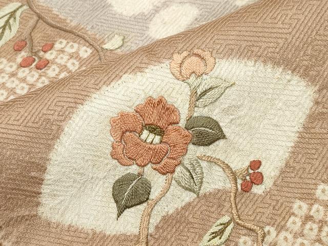 平和屋着物●中国三大刺繍　相良刺繍　訪問着　絞り　地紙枝椿花文　金糸　正絹　逸品　CABD9164gh
