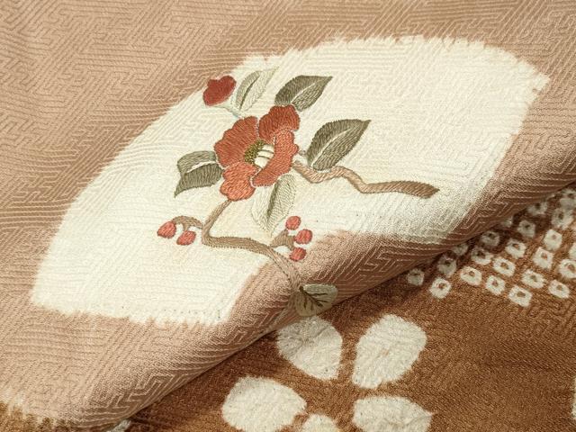 平和屋着物●中国三大刺繍　相良刺繍　訪問着　絞り　地紙枝椿花文　金糸　正絹　逸品　CABD9164gh