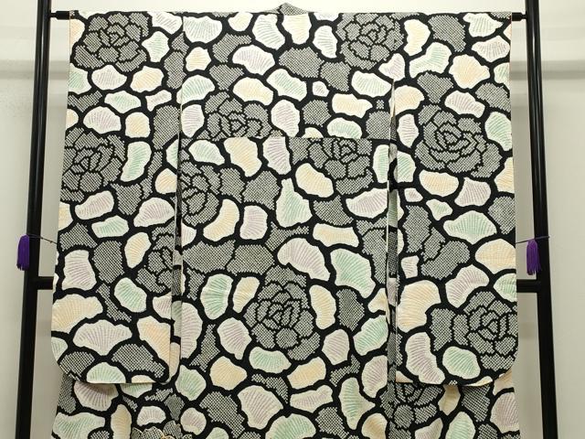 平和屋着物●豪華振袖　総絞り　駒刺繍　舞花文　黒地　正絹　逸品　CABD9172gh