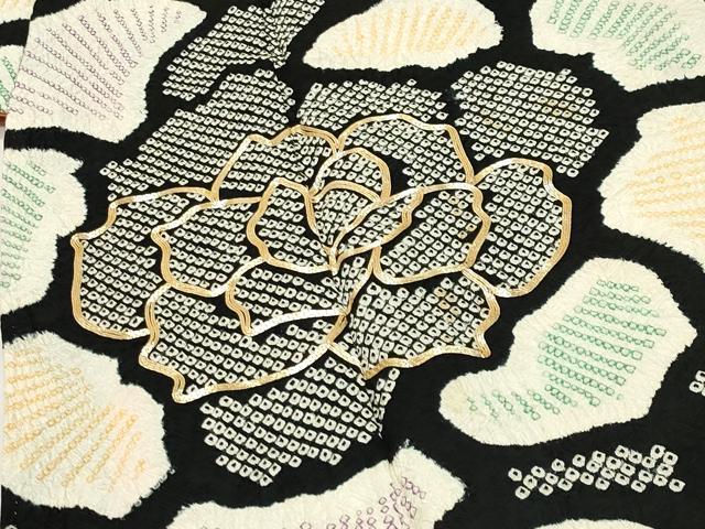 平和屋着物●豪華振袖　総絞り　駒刺繍　舞花文　黒地　正絹　逸品　CABD9172gh
