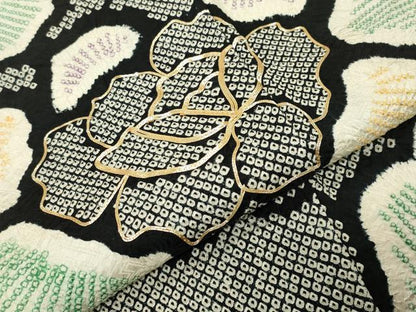 平和屋着物●豪華振袖　総絞り　駒刺繍　舞花文　黒地　正絹　逸品　CABD9172gh
