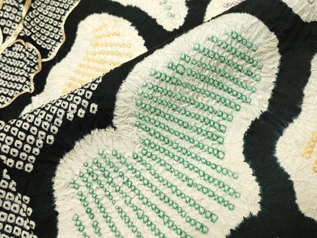 平和屋着物●豪華振袖　総絞り　駒刺繍　舞花文　黒地　正絹　逸品　CABD9172gh