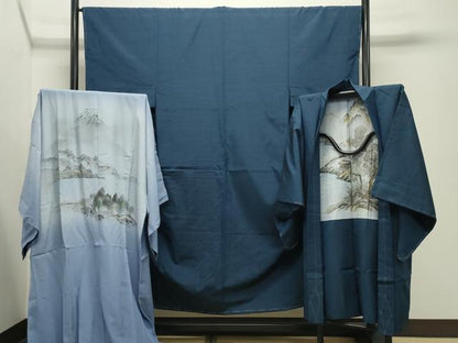 平和屋着物●男性　紬　アンサンブル・長襦袢セット　色無地　青藍色　正絹　逸品　未使用　CABD9179gh