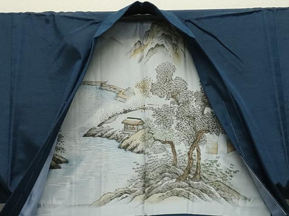 平和屋着物●男性　紬　アンサンブル・長襦袢セット　色無地　青藍色　正絹　逸品　未使用　CABD9179gh