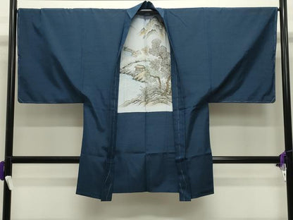 平和屋着物●男性　紬　アンサンブル・長襦袢セット　色無地　青藍色　正絹　逸品　未使用　CABD9179gh