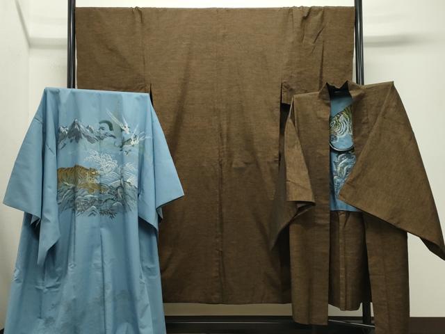 平和屋着物●男性　紬　アンサンブル・長襦袢セット　霞文　正絹　逸品　CABD9180gh