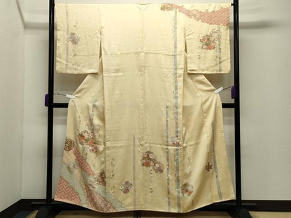 平和屋着物●訪問着　駒刺繍　絞り　雪輪花文　金銀彩　正絹　逸品　CABD9183gh
