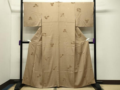 平和屋着物●上質な小紋　モール織　扇面簪花文　榛色　正絹　逸品　CABD9186gh
