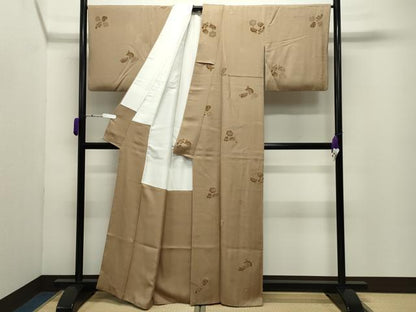 平和屋着物●上質な小紋　モール織　扇面簪花文　榛色　正絹　逸品　CABD9186gh