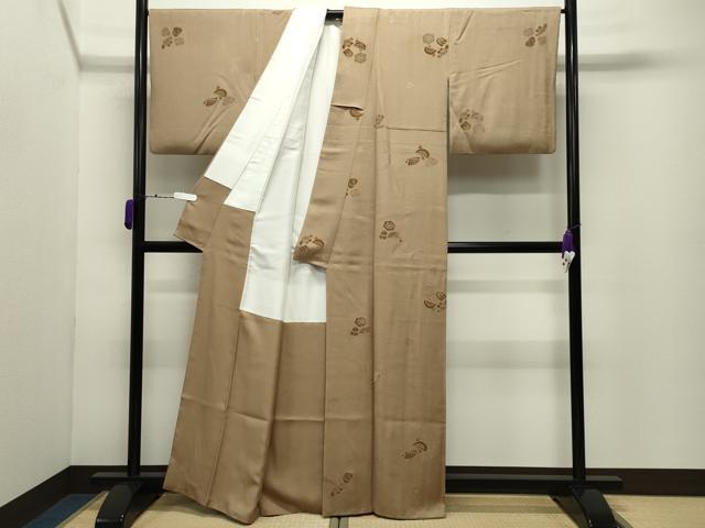 平和屋着物●上質な小紋　モール織　扇面簪花文　榛色　正絹　逸品　CABD9186gh