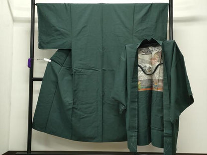 平和屋着物●男性　紬　アンサンブル　色無地　鉄色　正絹　逸品　CABD9203gh