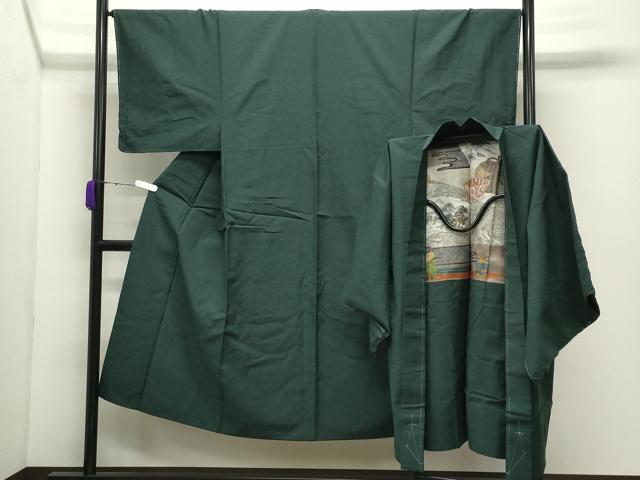 平和屋着物●男性　紬　アンサンブル　色無地　鉄色　正絹　逸品　CABD9203gh
