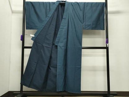 平和屋着物●男性　紬　アンサンブル　色無地　濃藍色　正絹　逸品　CABD9208gh