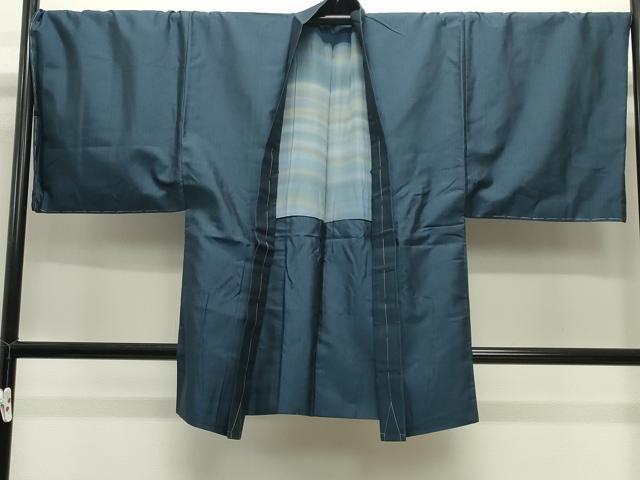 平和屋着物●男性　紬　アンサンブル　色無地　濃藍色　正絹　逸品　CABD9208gh