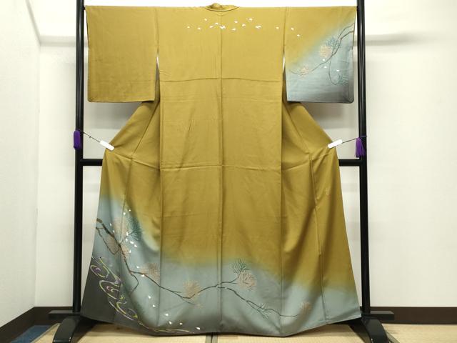 平和屋着物●友禅作家　城戸壇上　訪問着　手描き　枝松花文　暈し染め　金彩　正絹　逸品　CABD9220gh