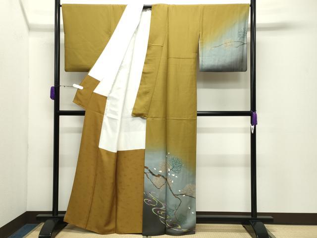 平和屋着物●友禅作家　城戸壇上　訪問着　手描き　枝松花文　暈し染め　金彩　正絹　逸品　CABD9220gh