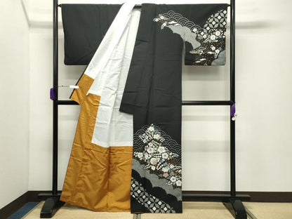 平和屋着物●訪問着　辻が花　黒地　金彩　洗える着物　CABD9225gh