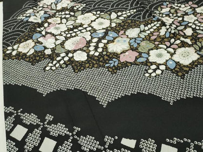 平和屋着物●訪問着　辻が花　黒地　金彩　洗える着物　CABD9225gh