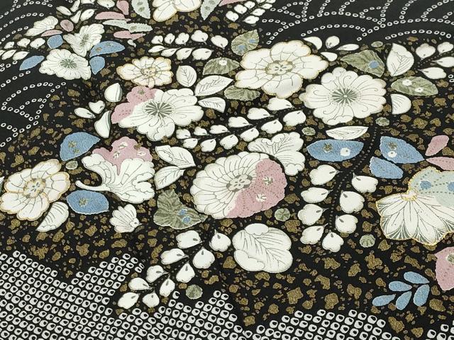 平和屋着物●訪問着　辻が花　黒地　金彩　洗える着物　CABD9225gh
