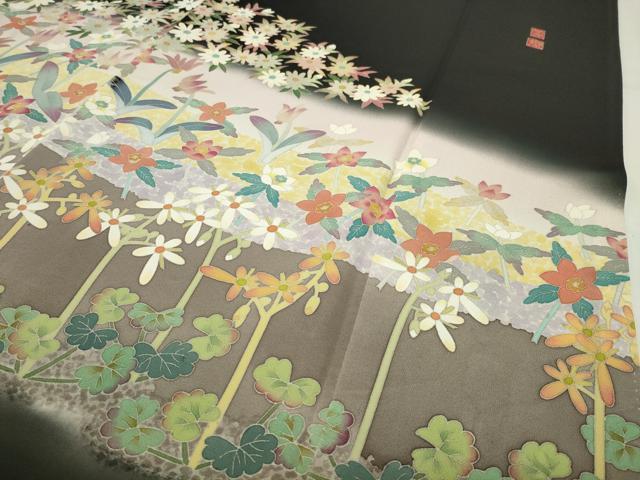 平和屋着物●本加賀友禅作家　百貫華峰　黒留袖　草花文　暈し染め　正絹　逸品　CABD9226gh