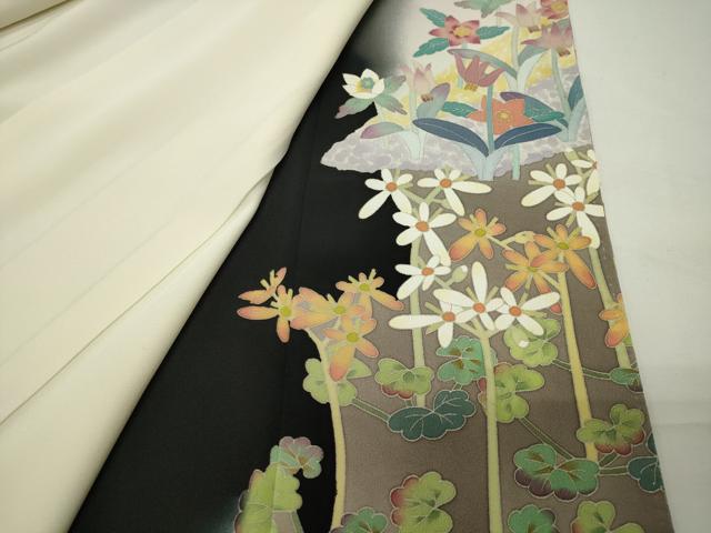 平和屋着物●本加賀友禅作家　百貫華峰　黒留袖　草花文　暈し染め　正絹　逸品　CABD9226gh