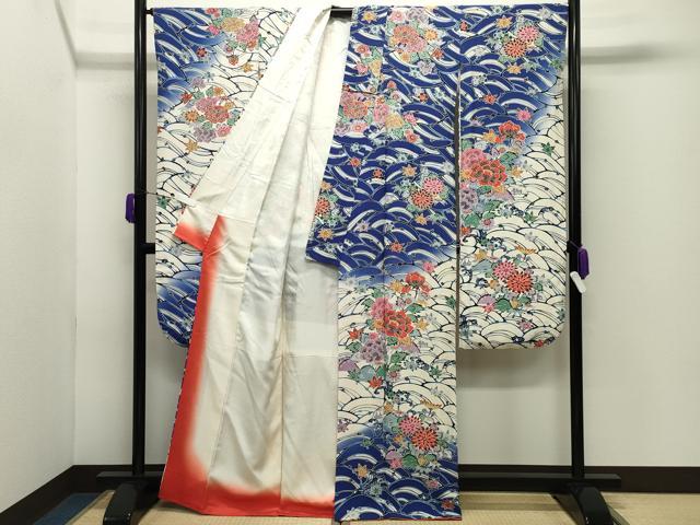 平和屋着物●豪華振袖　型染め　立波花文　暈し染め　正絹　逸品　CABD9230gh